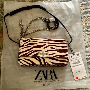 Zara suede leather crossbody bag. Twist lock. Chain handle with dust bag.